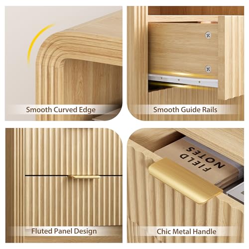 Nightstand with Charging Station - Oak Fluted Design, 2 Drawers - Natural Oak, 1 Pack