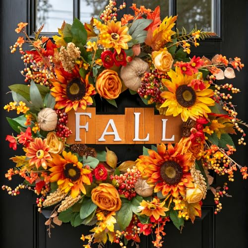 Fall Sign Wreath - 24 Inch Autumn Front Door Decor with Fall Elements & Harvest Sign