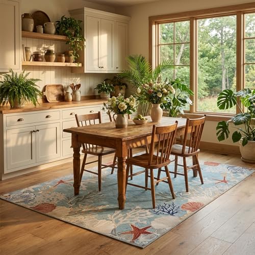 Ocean Blue Coastal Area Rug 8'x10' Washable Non-Slip Nautical Home Decor