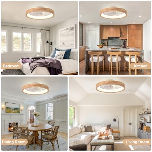 Modern 20-Inch Wooden Flush Mount Ceiling Fan with Lights & Remote - Wood-SM-FSD