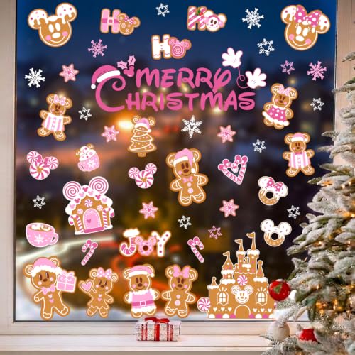 Mouse Pink Christmas Decorations 7 Sheet Gingerbread Window Clings