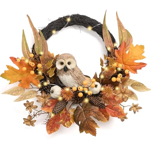18 Inch Fall Wreath with Owl Pumpkin and LED Lights - Autumn Decor