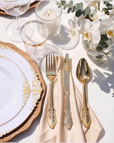 Gold Disposable Plates Set for 50 Guests - Nervure 350Pcs Baroque Dinnerware