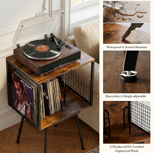 Faesun Rustic Vinyl Record Player Stand with Storage, 15.7''W x 12.6''D x 28.3''H, Display Slot, Holds 100+ LPs