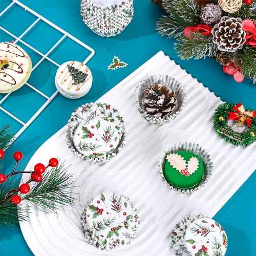 Whaline 300Pcs Christmas Cupcake Liners Holly Print Baking Cups Holders Watercolor Holly Jolly Cupcake Wrappers Red Green Berry Muffin Liners for Xmas Holiday Birthday Party Supplies