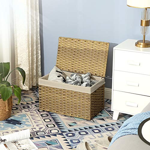 SONGMICS 65L Woven Storage Basket with Lid, Foldable Laundry & Organization Bin