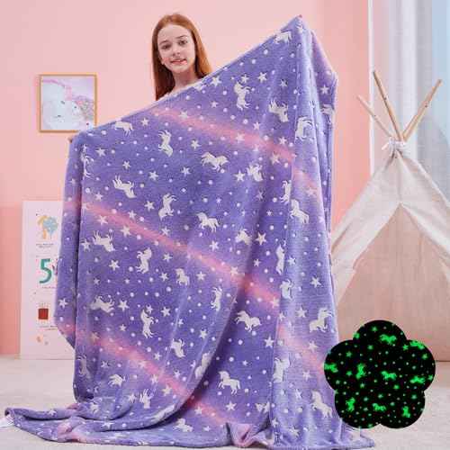 QSTEHEML Unicorns Glow in The Dark Blanket for Girls,Unicorn Gifts for Girls Age 3 4 5 6 7 8 9 10 11 12 Year Old, Soft Unicorns Purple Blanket - Christmas Birthday Bedroom Decor 50"¡¿60"
