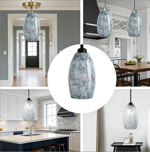 Glass Pendant Light Shade 7.64"H Blue Oval Replacement with Crackle Pattern - 3 Pack