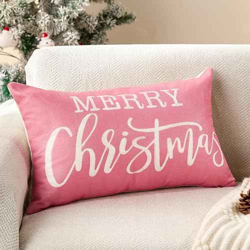 DFXSZ Christmas Pillow Cover 12x20 Merry Christmas Decor Pink Throw Lumbar Pillow Cover Decorations Christmas Tree Holiday Decor Case for Home Couch YZT102B12