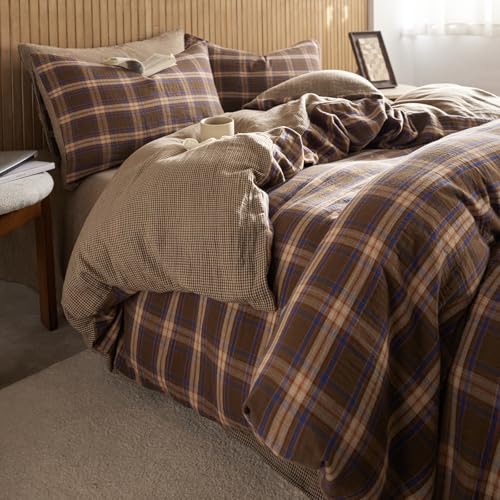 Vintage Brown & Blue Plaid Queen Duvet Cover Set - Reversible Cotton Muslin Bedding