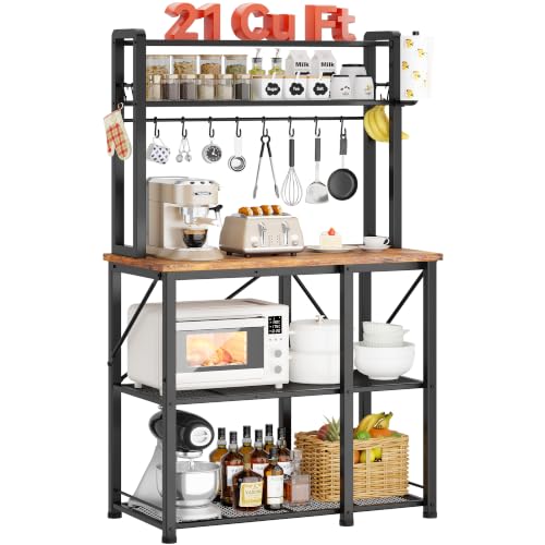 Rustic Brown Coffee Bar with Storage Rack - 34.7 Inch Microwave Stand & Kitchen Organizer