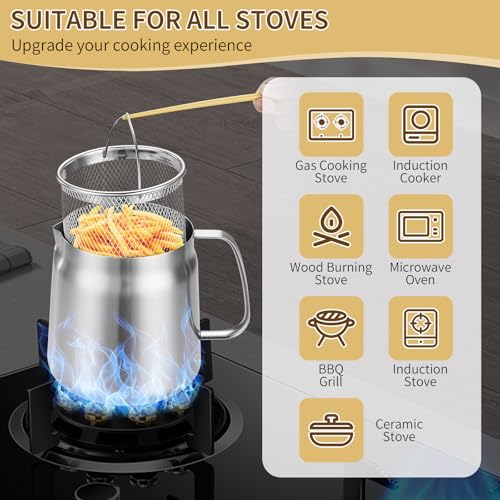 3.7 Quart Stainless Steel Deep Fryer Pot with Basket & Oil Strainer - Dishwasher Safe