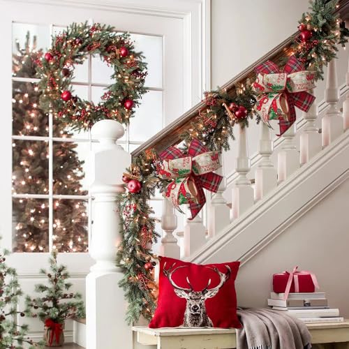 Christmas Bows 2PCS for Wreath 10X10 Inch,Black Red Buffalo Plaid Bows,Rustic Farmhouse Bows Natural Burlap Tree Topper Bows for Front Door Winter Christmas Tree Bows for New Year Xmas Decorations