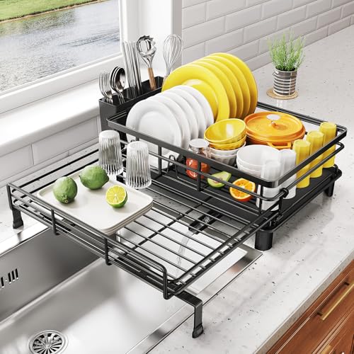 Expandable Dish Drying Rack for Kitchen Counter - Black - Over Sink, Rustproof Steel