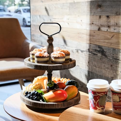 Rustic Wooden 2-Tier Tray Stand - Brown Coffee Farmhouse Kitchen & Home Decor