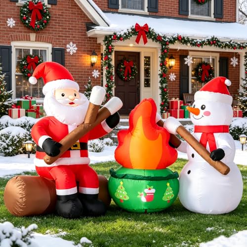 DomKom XMS CampFire 6FT Christmas Inflatable Yard Decor with Santa & Snowman, LED Light, Outdoor Lawn & Garden Xmas Party