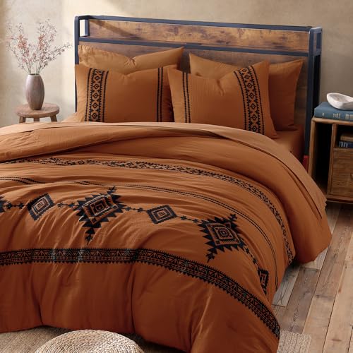 MaiRêve Burnt Orange Queen Embroidery Comforter Set 7 Pieces Bed in a Bag