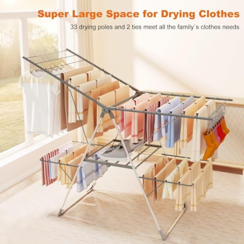 Bigzzia Foldable 2-Level Large Clothes Drying Rack - Gray, Adjustable Height