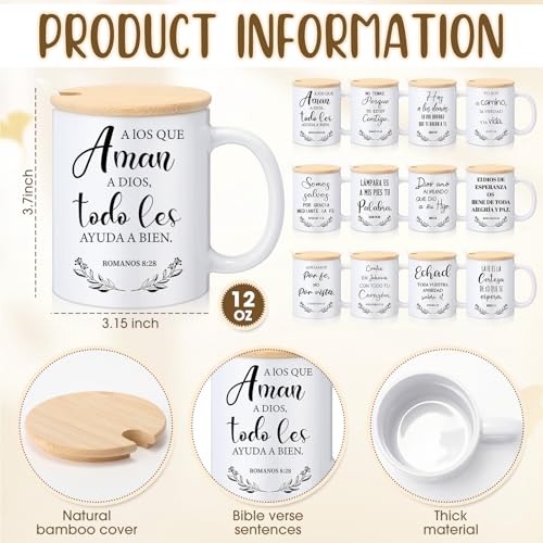 Sunnychicc Spanish Christian Coffee Mugs Bulk 12oz Bible Cups with Wooden Lids & Spoons