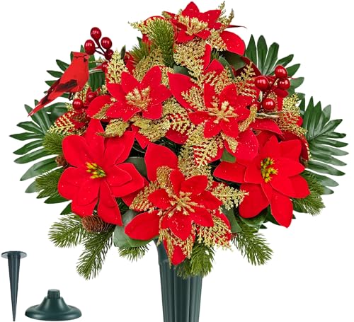 Artificial Christmas Poinsettia Cemetery Flowers - Grave Decoration Wreath