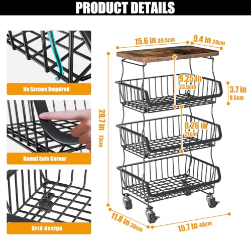 4-Tier Fruit and Vegetable Basket with Wheels - Black, Kitchen Organizer