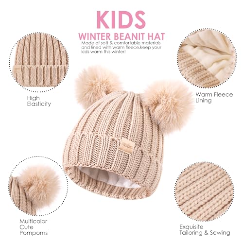 Tontuland Kids Winter Beanie Hat Beig e Pom Pom Fleece Lined Knit Cap for Boys & Girls