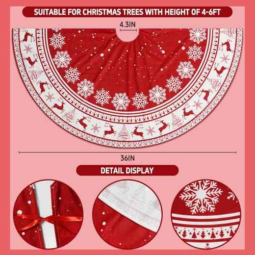 Christmas Tree Skirt Large Xmas Tree Skirts with Snowflake and Reindeer Pattern Decorations for Winter Christmas Holiday Party Decor Indoor 36 Inches