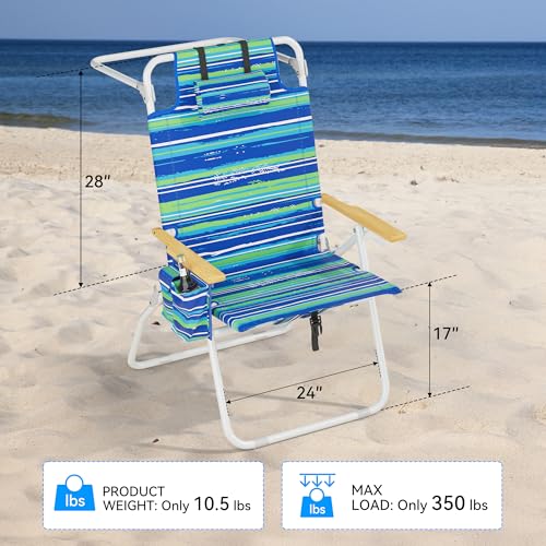 Yestomo Striped Blue & Green Tall Backpack Beach Chair, 17" Seat Height, 5 Reclining Positions, Supports 350lbs