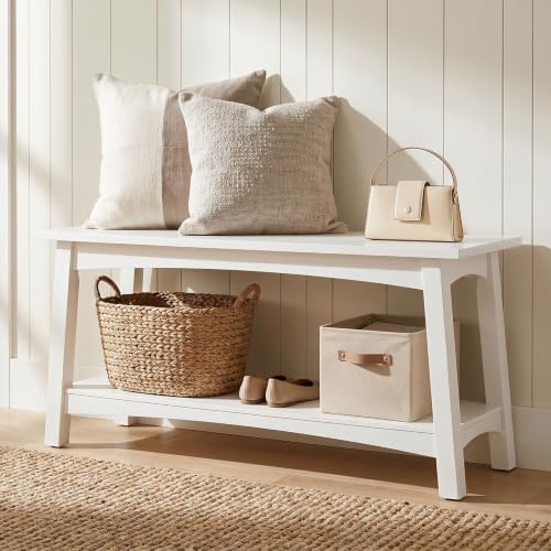 White Entryway Bench with Storage Shelf - 36-Inch Modern Farmhouse Shoe Organizer
