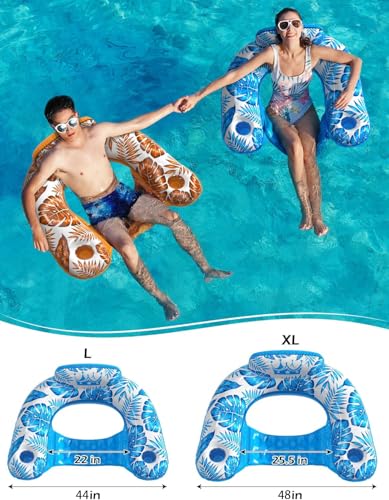 Inflatable Pool Float Chair - Tropical Blue & Gold Large 2 Pack Lounge with Cup Holders