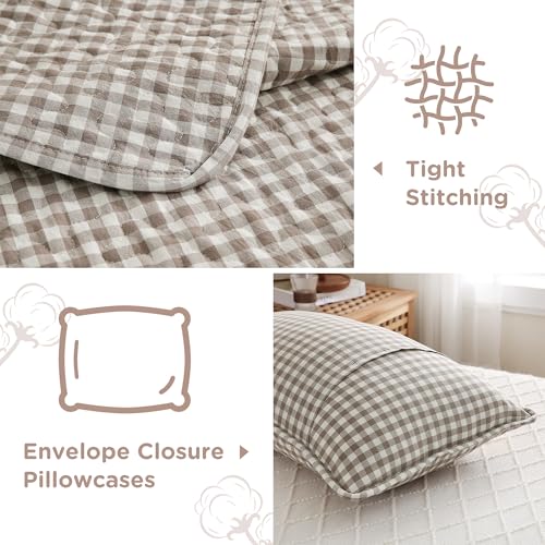 TOCOMOA Tan Gingham Quilt Bedding Set - King 106x96 Inches, Cotton-Like Linen