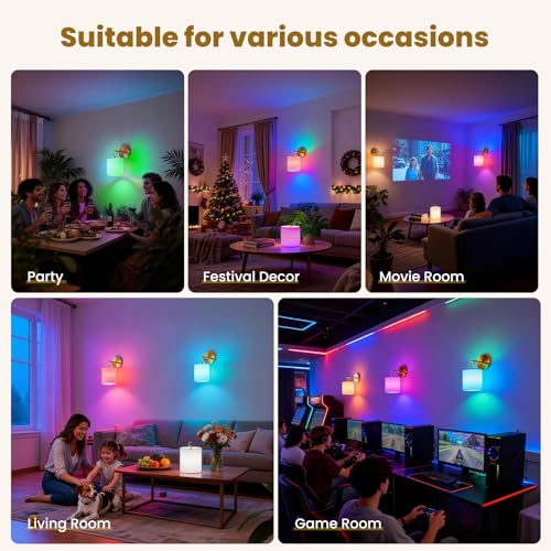Wireless Battery Operated Wall Sconces Set of 2 - Gold RGB with Remote, Detachable Hooks