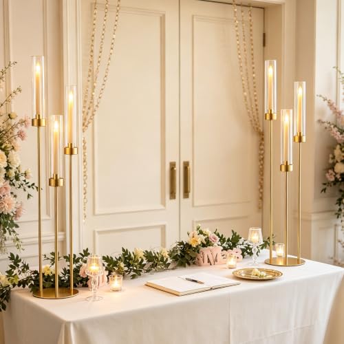 Vincidern 34in 2-Pack Gold 3-Arm Candelabra Centerpieces for Tables (Gold, 2 pcs)