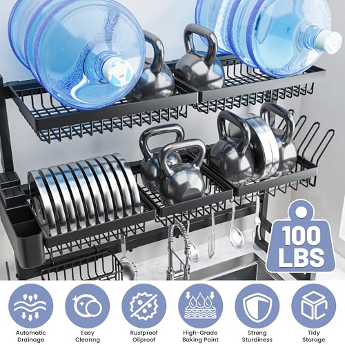 Over The Sink Dish Drying Rack - Expandable 3-Tier Large Dish Rack, Black, 31-39.4 Inches
