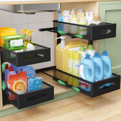Kitstorack Black 2-Pack Under Sink Organizer with 2-Tier Sliding Mesh Baskets