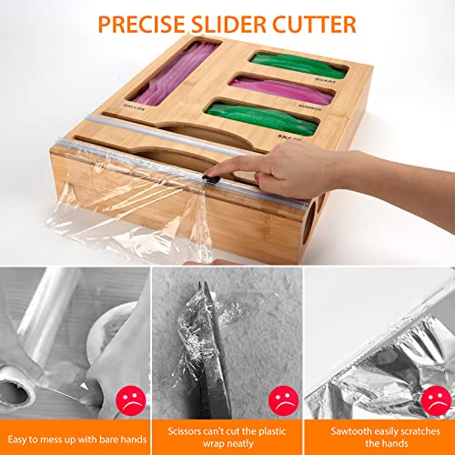 Kitchen Food Wrap & Bag Storage Organizer with Cutter, Bamboo 6-in-1