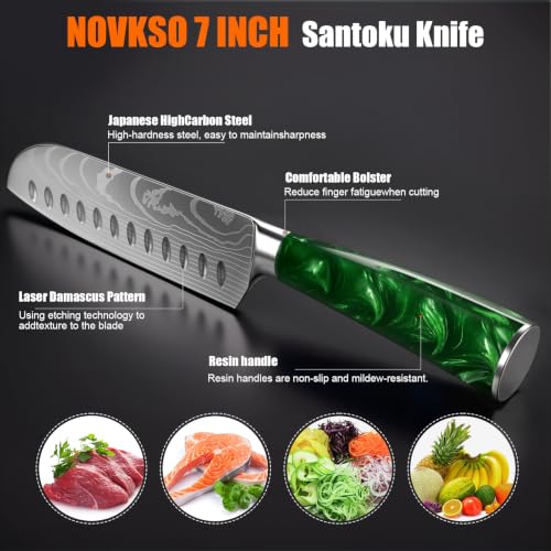 NOVKSO 7-Inch Green Santoku Knife with High-Carbon Steel & Resin Handle