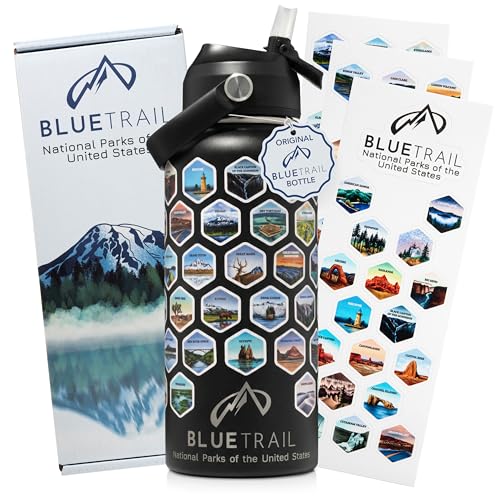 BlueTrail National Parks Water Bottle with Stickers - Midnight Edition