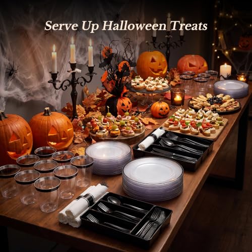 BESTSTAR Black and Clear Disposable Plastic Plate Set for 50 Guests - 350 Pieces
