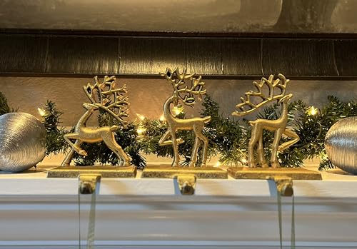 Set of 3 Cast Iron Reindeer Christmas Stocking Hangers - Burnished Gold Finish
