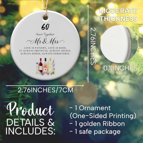 Fatbaby 60th Anniversary Christmas Ornament for Couples - 60 Years Together Gift, Ceramic, 2.9" with Box & Ribbon