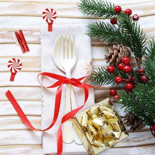 60Pcs Mini Christmas Wooden Clothespins & Clips with Candy Patches, Red Craft Supplies Xmas Buttons for DIY Photo Pegs Decor for Parties Homes & Schools