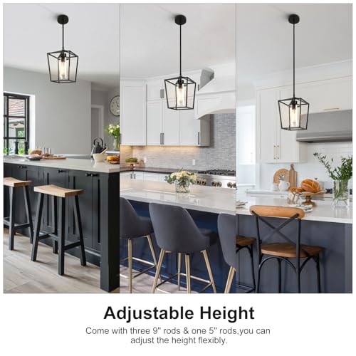 Black Farmhouse Pendant Lights 2 Pack for Kitchen Island with Glass Shades