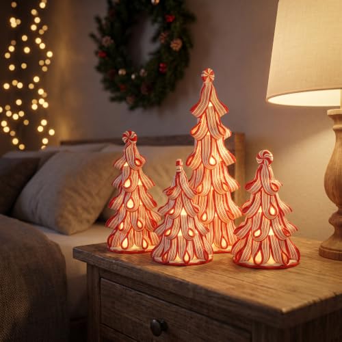 Multicolor 4 Pcs Christmas Ribbon Candy Table Trees with Lights