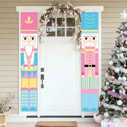 2 Pcs Nutcracker Christmas Porch Banner Decorations Pink Nutcracker Sign, Pastel Christmas Welcome Sign for Front Door 12" x 71" Candyland Xmas Door Hanging Banner Soldier Model Decor for Xmas