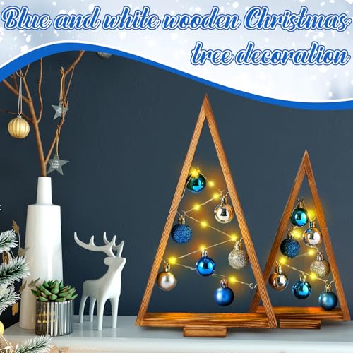 Hungdao 2 Pack Blue Wooden Christmas Tree with LED Lights & Silver Balls - Tabletop Holiday Decor