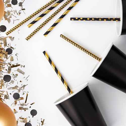 Black, Gold, Black and Gold, Stripe, Star, Chevron ? Disposable Champagne Party Paper Straws 100 Bulk for Drinking, Cocktails, Crafts, Cake pops, Bridal Shower, Birthday, Christmas Decor
