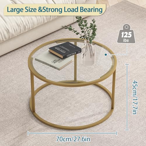 Glass Round Coffee Table - Clear 27-Inch Modern Center Table with Metal Frame