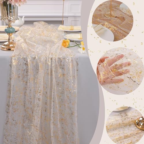 Snowkingdom 10 Ft Gold Table Runner, Sheer Gauze Chiffon Tulle Cheesecloth Sequin Glitter Metallic Foil, Table Decorations for Home Wedding Anniversary Party Birthday Holiday Christmas Thanksgiving