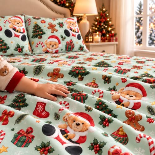 YIYEA Twin Kids Christmas Cotton Sheet Set 100% Cotton, 16" Deep Pocket, 3-Piece - Variation Sm2695